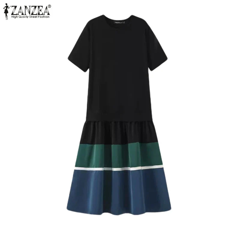 Summer O Neck Sundress With Contrast Patchwork Short Sleeve