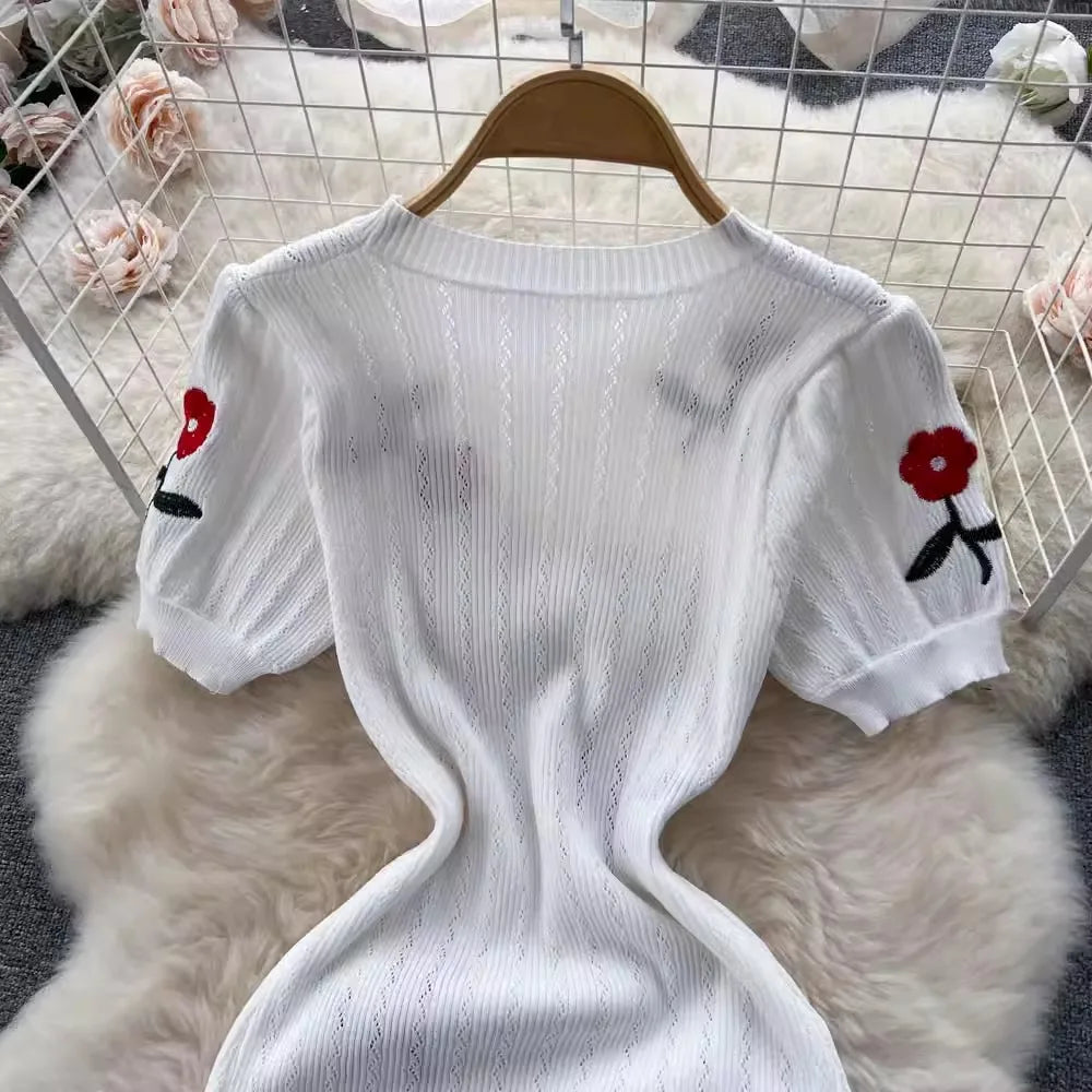Elegant Summer Knitted Embroidered Bodycon Dress for Women