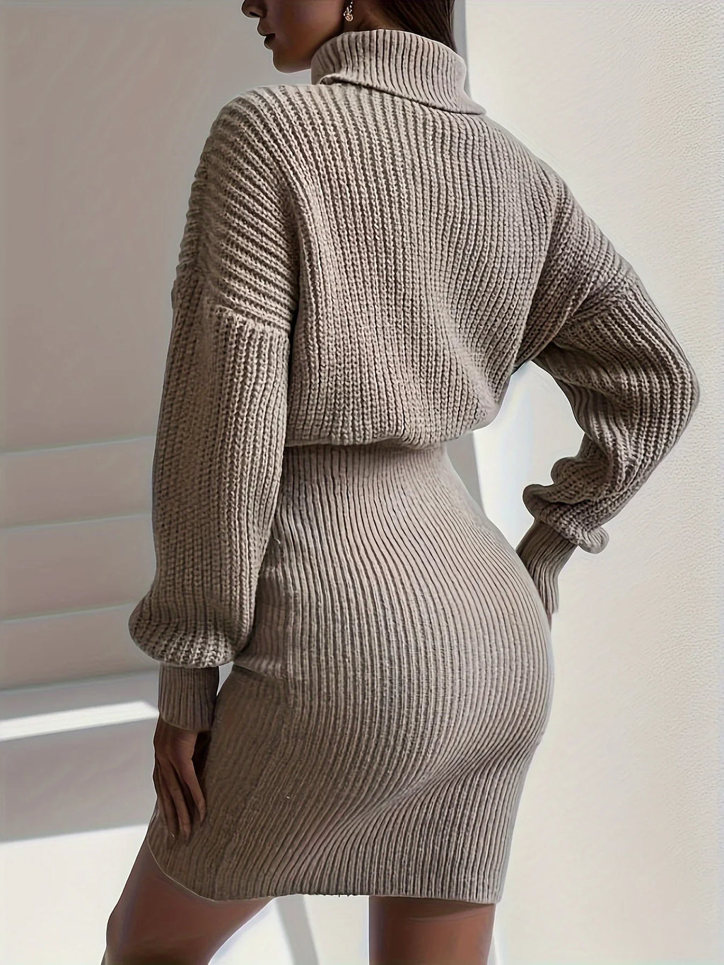 Slim Fit High Neck Dropped Sleeve Sweater Dress For Women