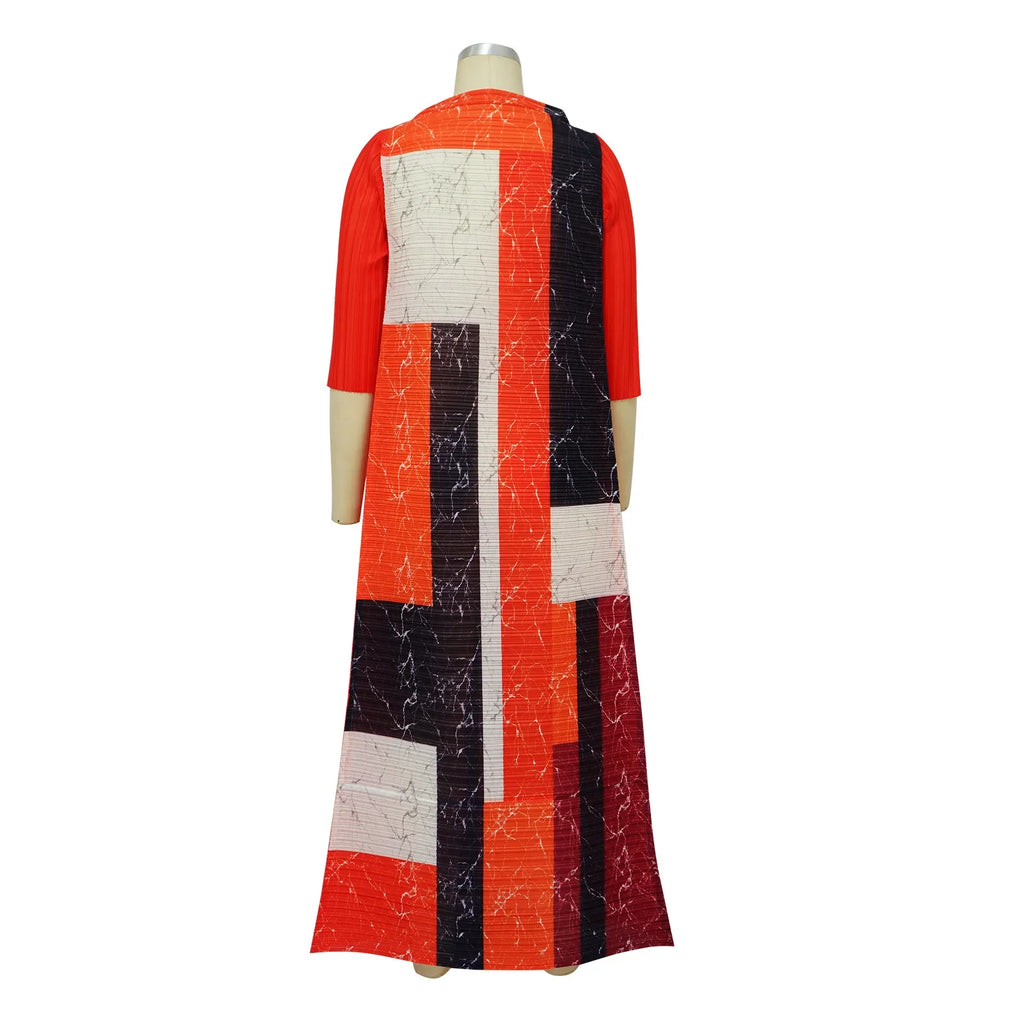 Leaf Print Pleated Boho Maxi Dress for Women Casual Beach