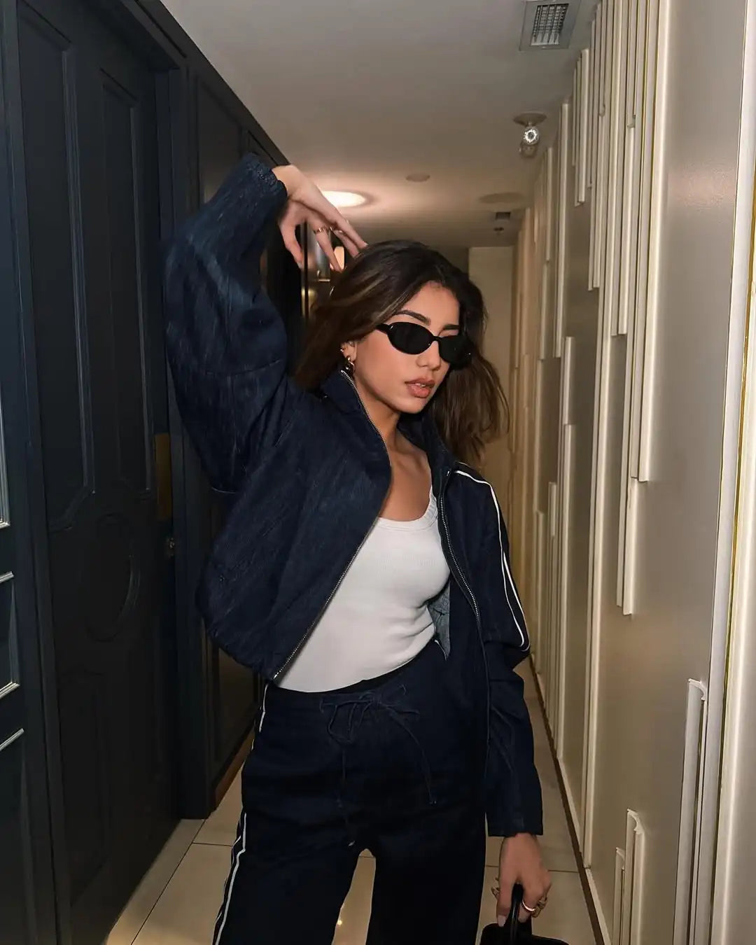 Women High Street Denim Set with Side Stripe Zipper Jacket and Lace-Up Pants for Casual Spring Fashion