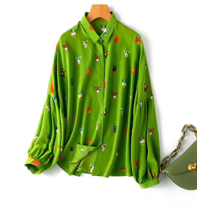 Women Shirt 100 Percent Mulberry Crepe Silk Green Lantern Sleeve Blouse with Cartoon Button Detail