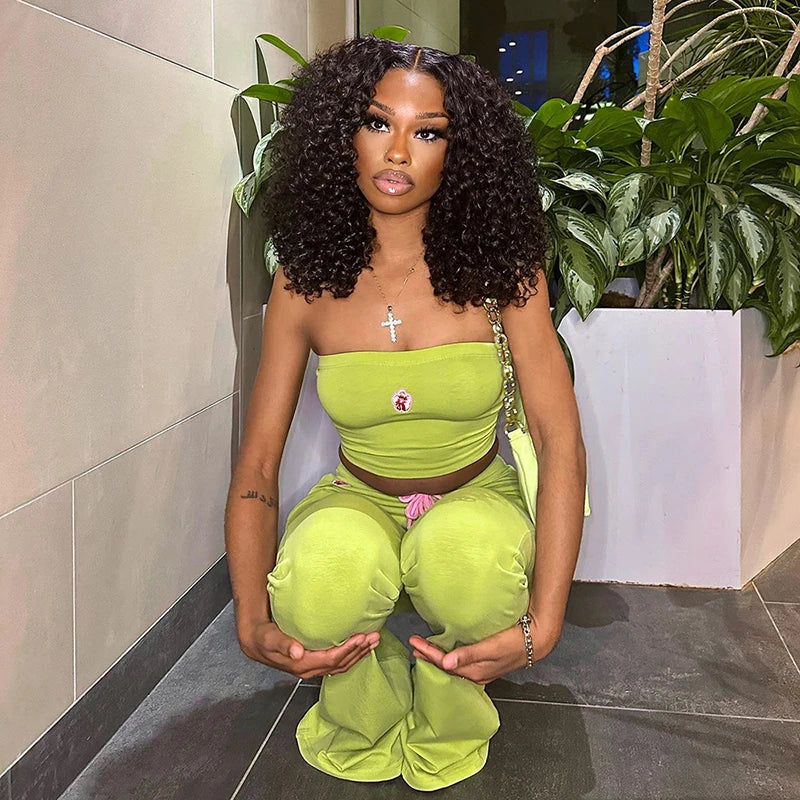 Embroidered Flower Tube Top and High Waist Casual Drawstring Pant Two-Piece Set