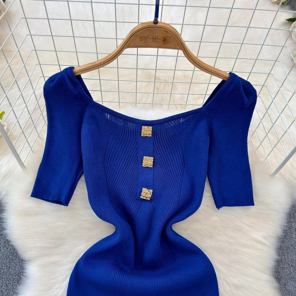 Knitted Bodycon Dress Women Square Collar Summer Long Dress