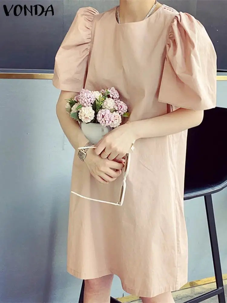 Summer Women Sundress Mini Pleated Puff Sleeve Dress