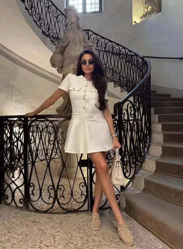 Women Textured Mini Dress Summer Round Neck Short Sleeve