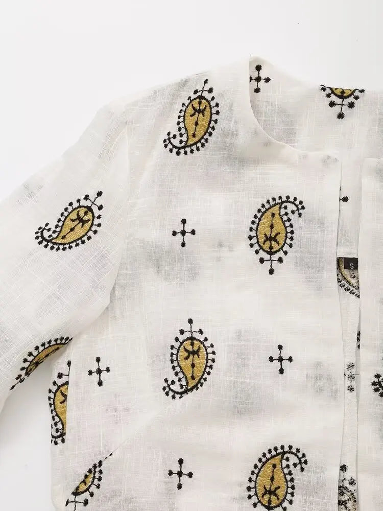 Vintage Women Embroidered Cardigan Coat and Wide Leg Trousers 2 Piece Outfit Set