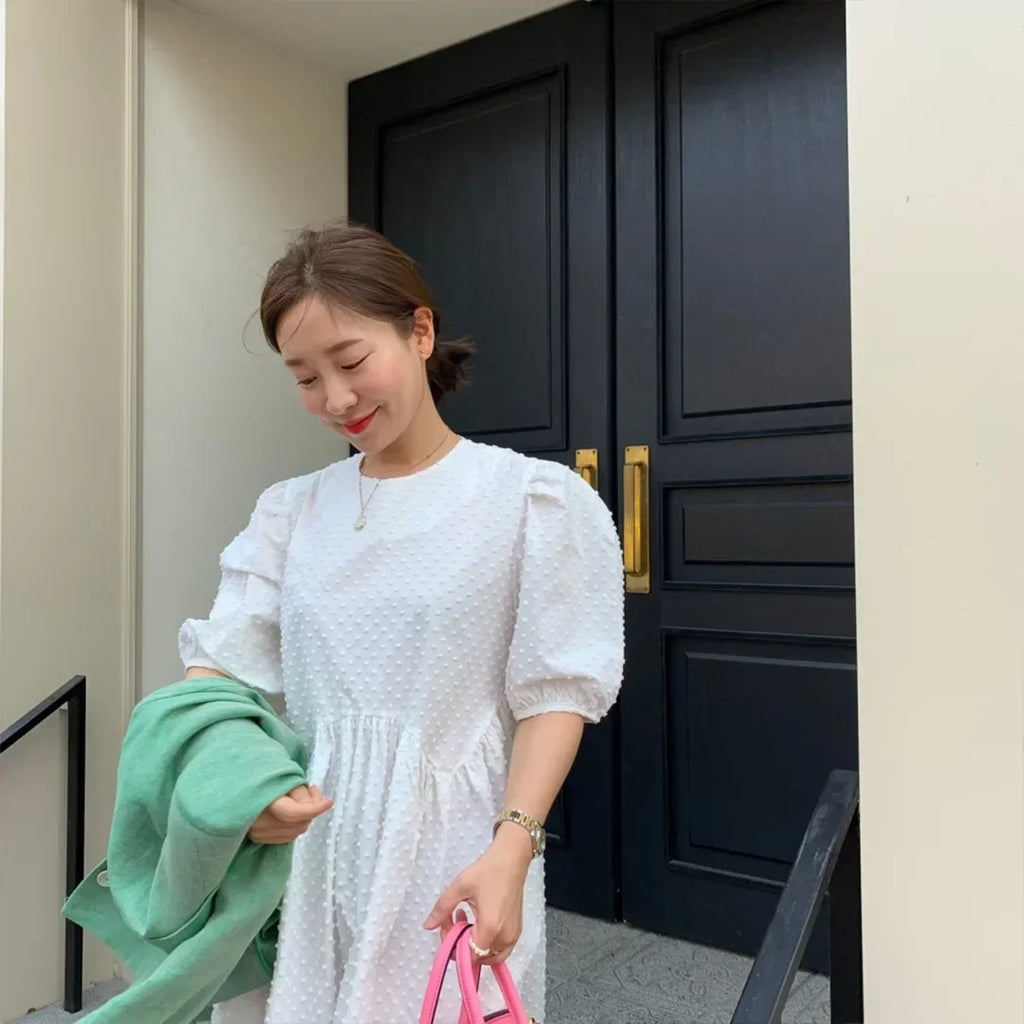 Women Polka Dot Puff Sleeve Long Dress Casual Party