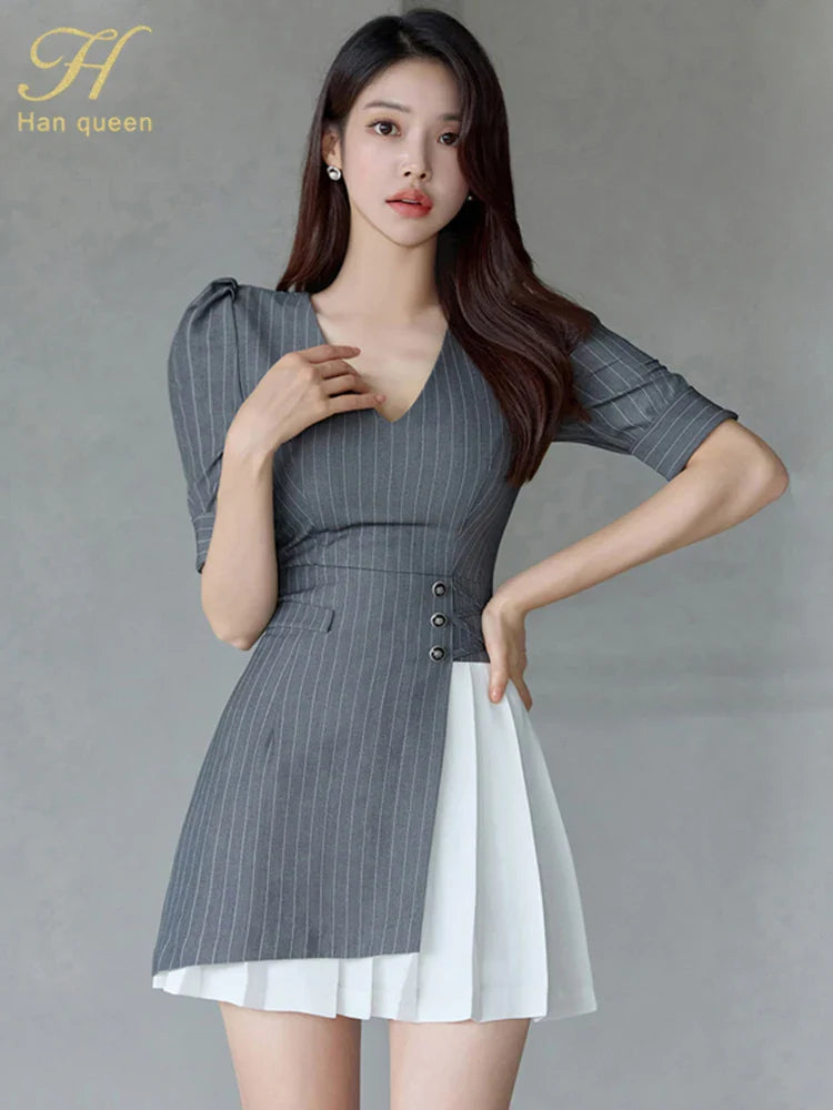 Vintage Elegant Striped Puff Sleeve Dress For Office Party