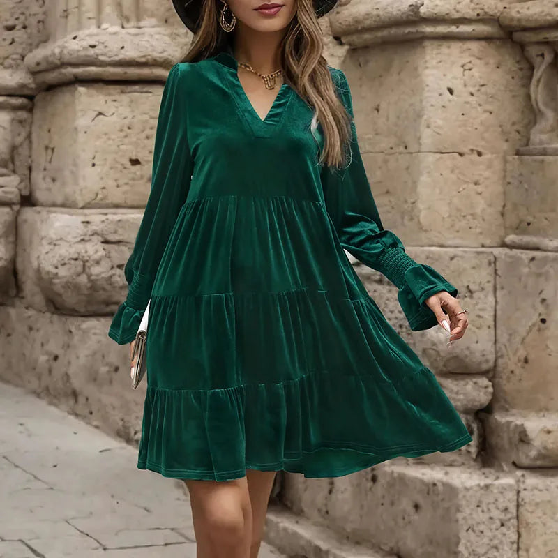 Velvet V Neck Ruffle Dress for Women Autumn Elegance