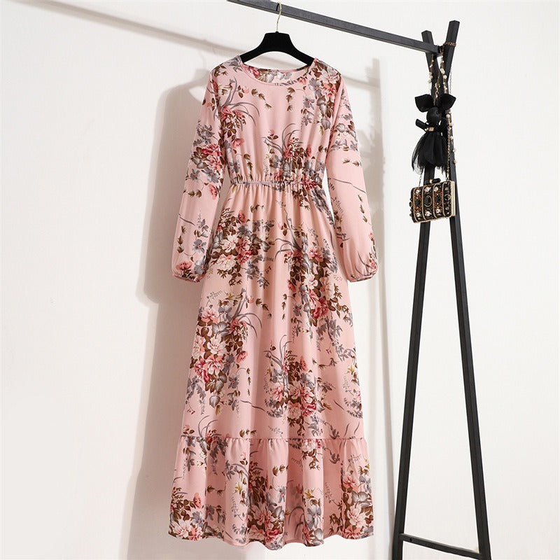 Bohemian Floral Maxi Dress High Waist Chiffon Long Sleeves