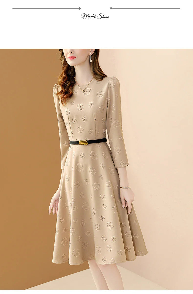 Floral Embroidered Belt Dress for Women O Neck A Line