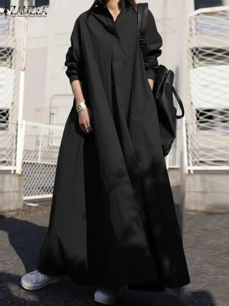 Womens Long Sleeve Maxi Dress With Button Front Pockets