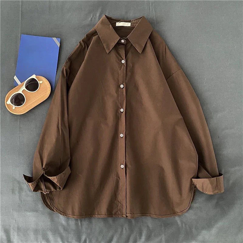 Retro Solid Loose Long Sleeve Shirt Blouse Outerwear Casual Single Breasted Spring Top Simple Trend