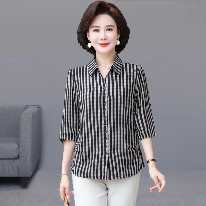 Elegant Plaid Print Loose Fit Button Down Shirt for Women with Turn Down Collar and Casual Half Sleeves Versatile Ladies Blouse Top for Everyday Wear