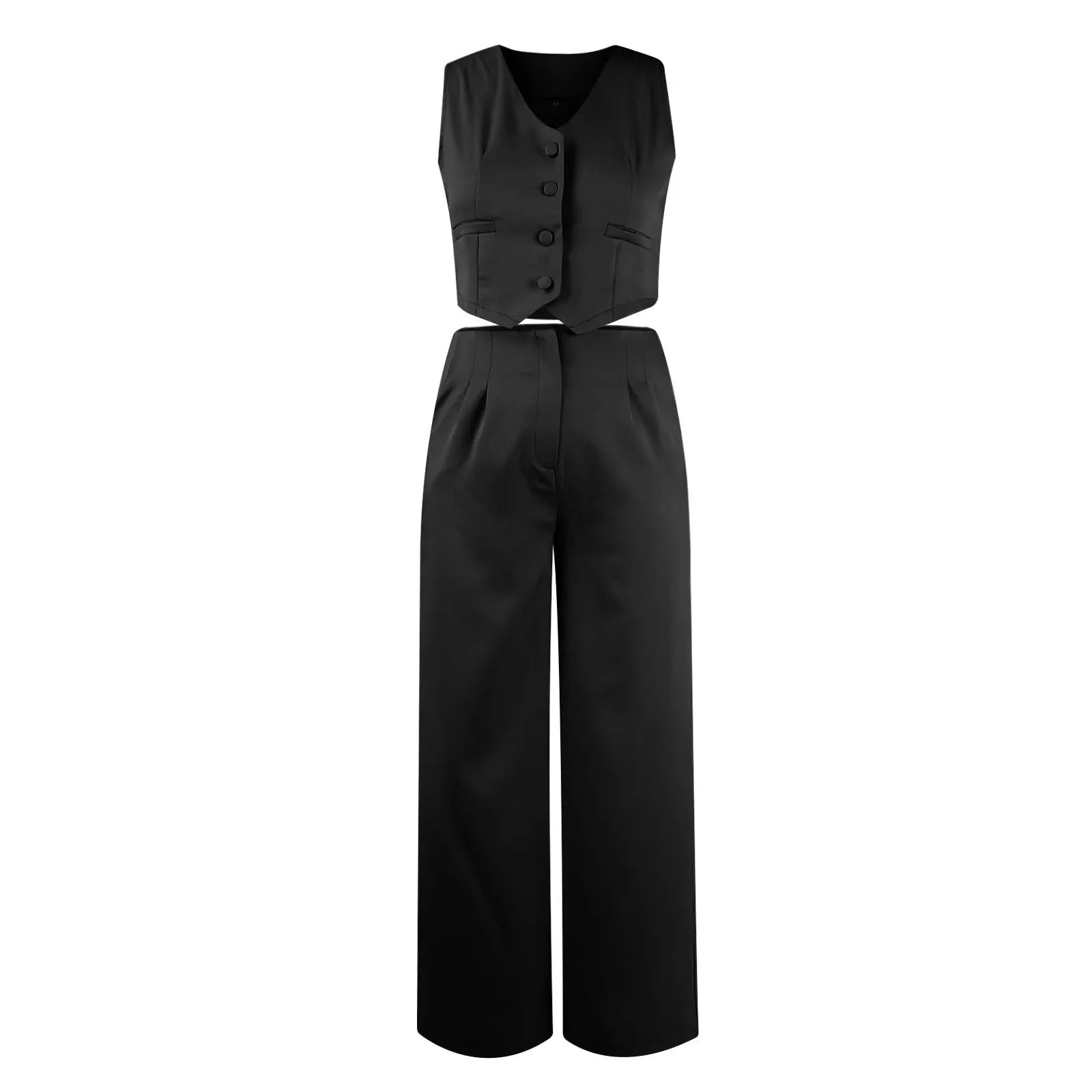 Sleeveless V-Neck Vest and Wide Leg Pants Suit for Women