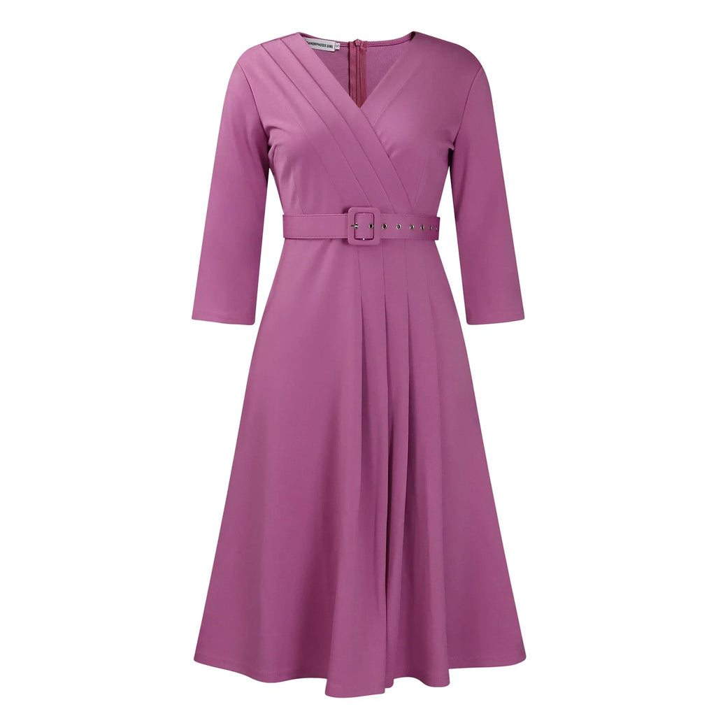 V Neck Office Dress For Women Belted Pleated Mid Calf