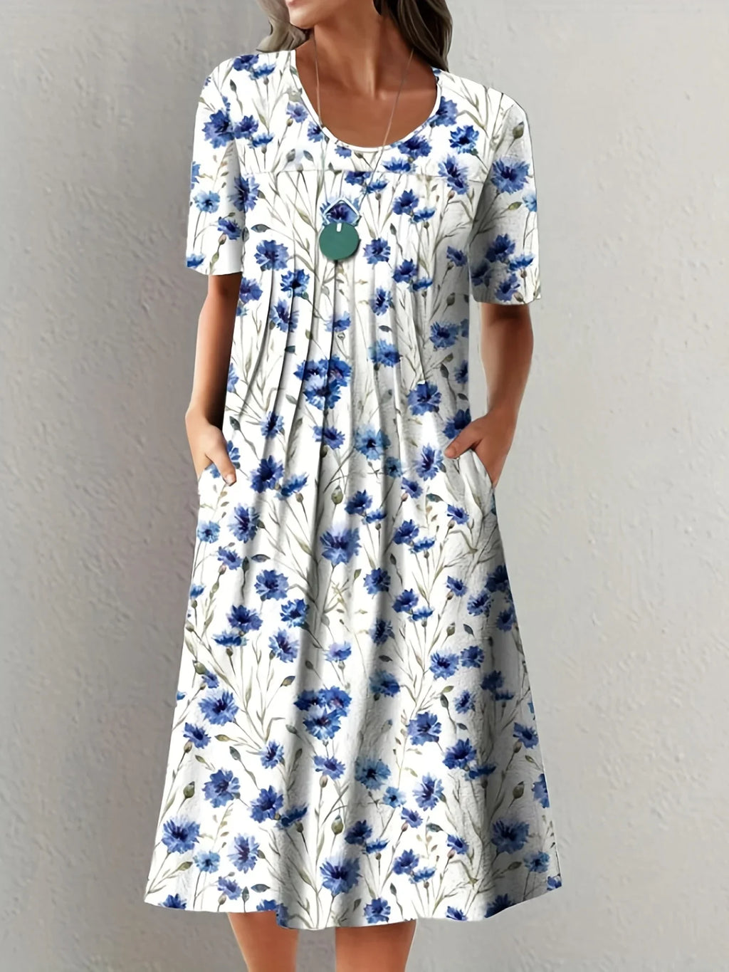 Printed Short Sleeve Dress With Round Neck For Women