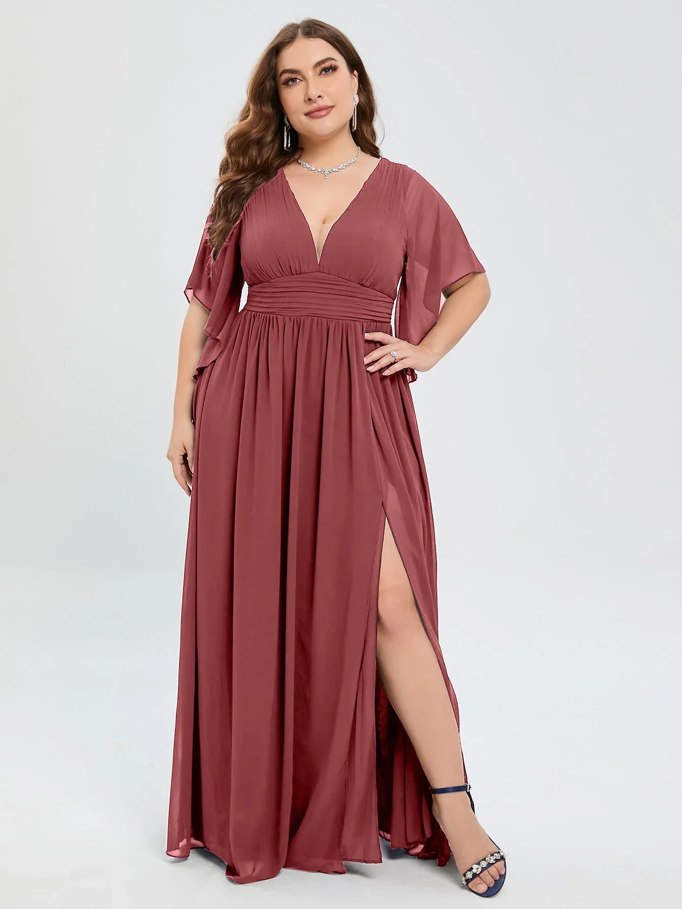Plus Size Chiffon Bridesmaid Dress V Neck Butterfly Sleeve
