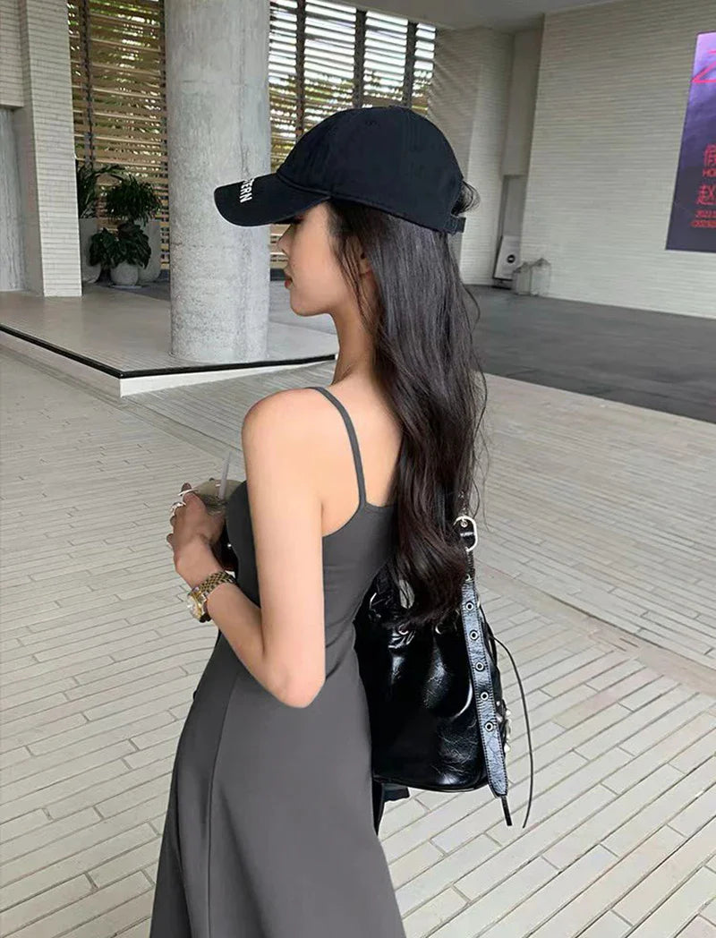 Y2K Black Strap Long Dress Sleeveless Bodycon Sundress