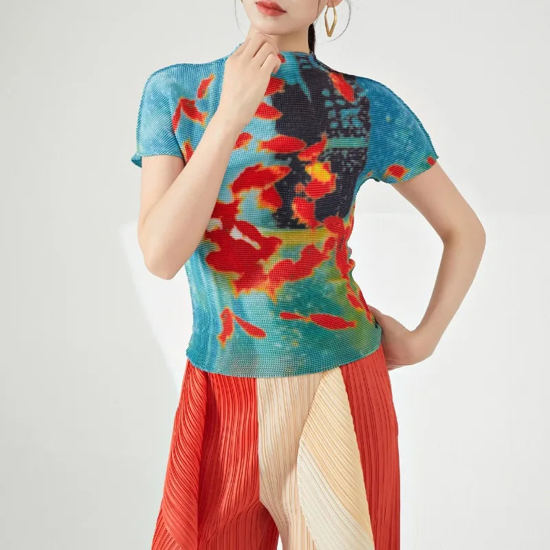 Vintage Fish Print Turtleneck Y2K Women Tees Summer Slim Fit Tops