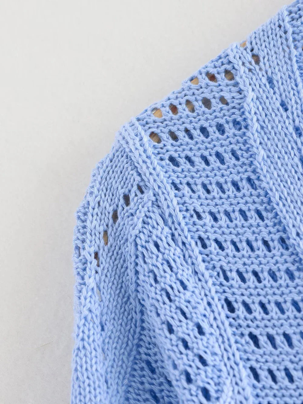 Blue Knit Beach Maxi Dress V Neck Long Sleeve Sheer