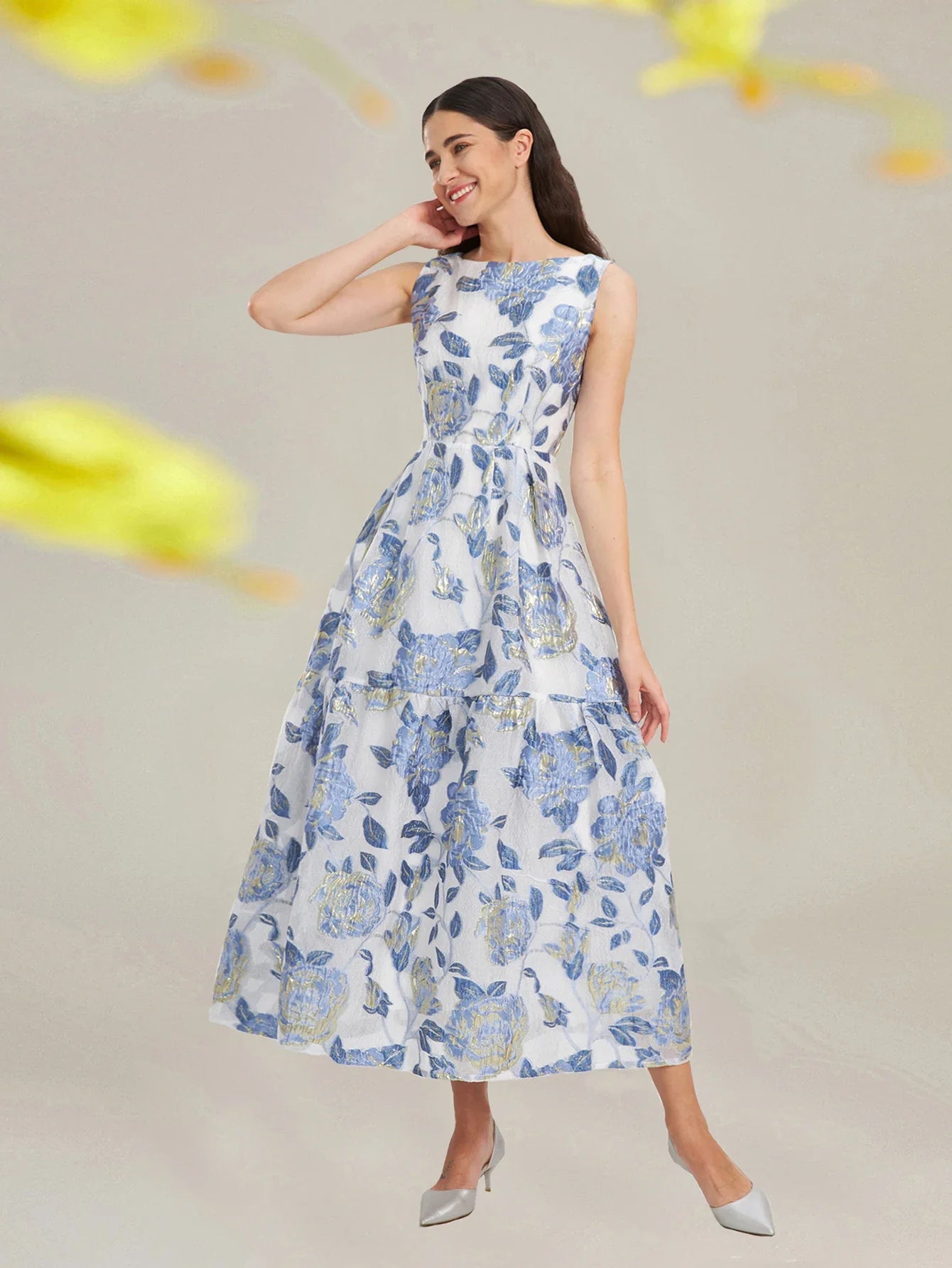 Elegant Organza Maxi Dress With Floral Embroidery
