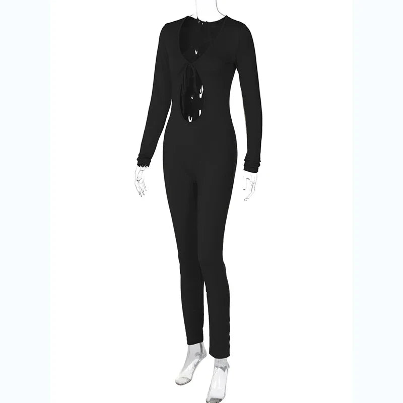 Solid V Neck Long Sleeve Hollow Out Lace Up Sexy Bodycon Jumpsuit Women's Fashion Streetwear Sporty Romper Overalls for Fall