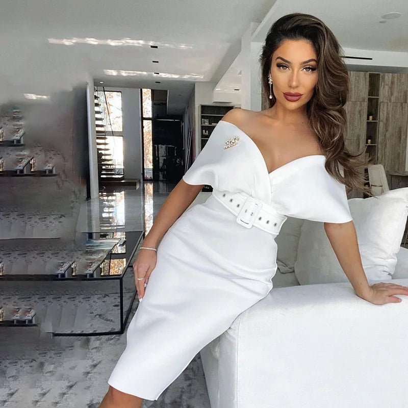 Off Shoulder High Waist Belted Summer Dress For Women