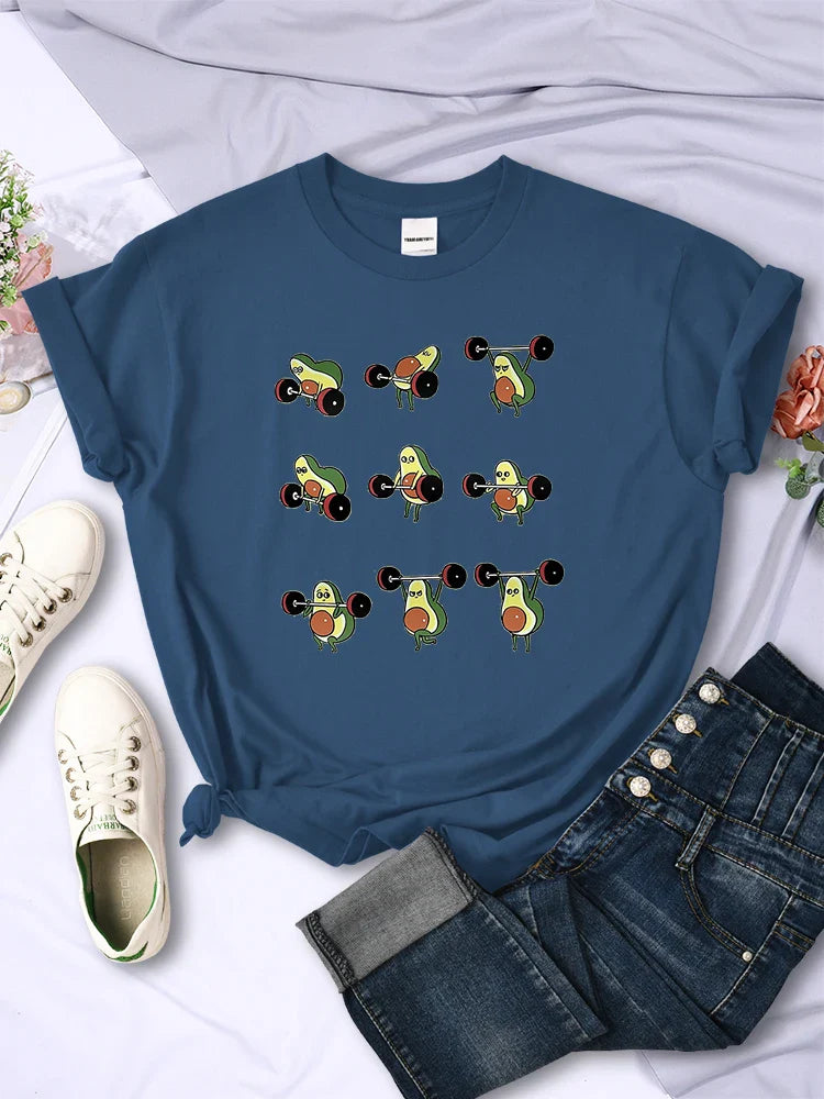 Avocado Cartoon Weightlifting T Shirt for Women Casual Short Sleeves Korean Hip Hop Style
