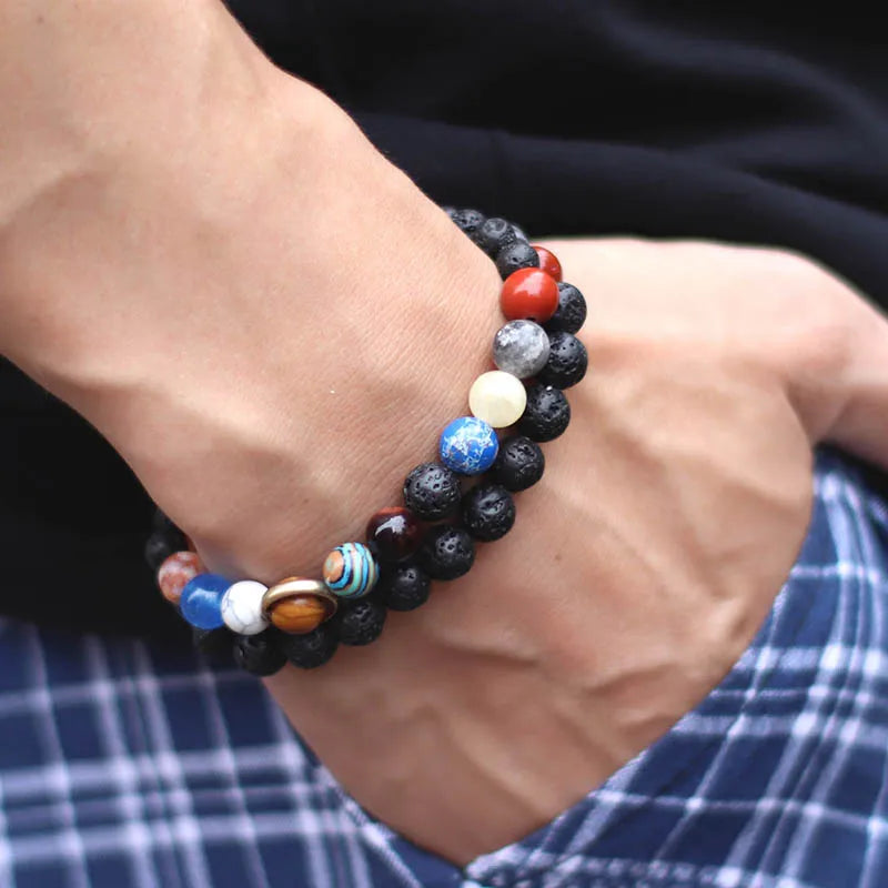 Unique Eight Planets Chakra Bracelet for Men and Women with Natural Volcanic Rock and Lapis Lazuli Beads