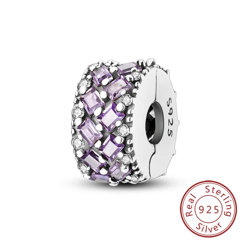 Fit Original 925 Sterling Silver Clip Charms with Zircon and Silicone Spacer Beads for Women DIY Bracelet Gift