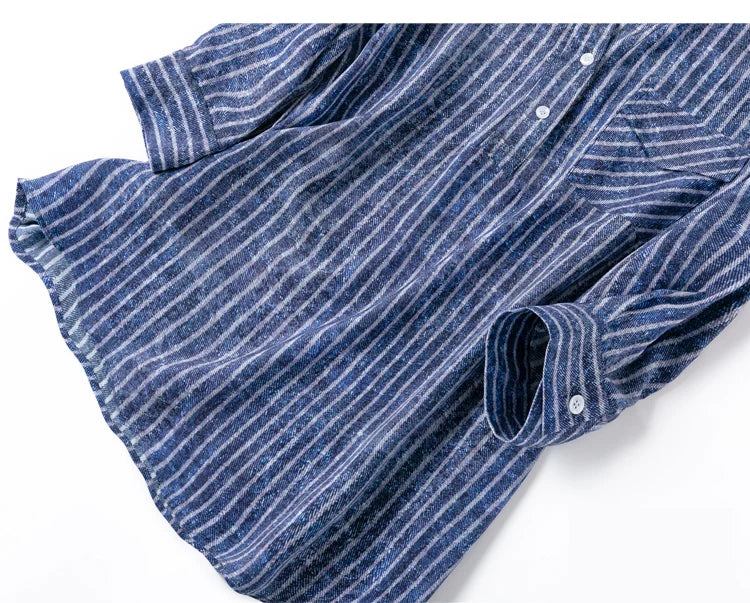 Women 100 Percent Mulberry Crepe Silk Shirt Blue Jeans Stripe Printed Three Quarter Sleeve Pullover Blouse Elegant Office Top in M L XL