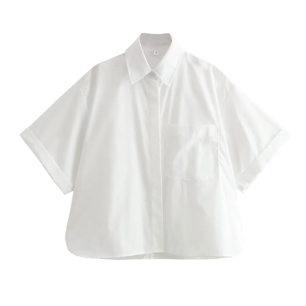 Women's Casual Short Poplin Shirt with Versatile Pocket Decoration Stylish Spring Fashion Top