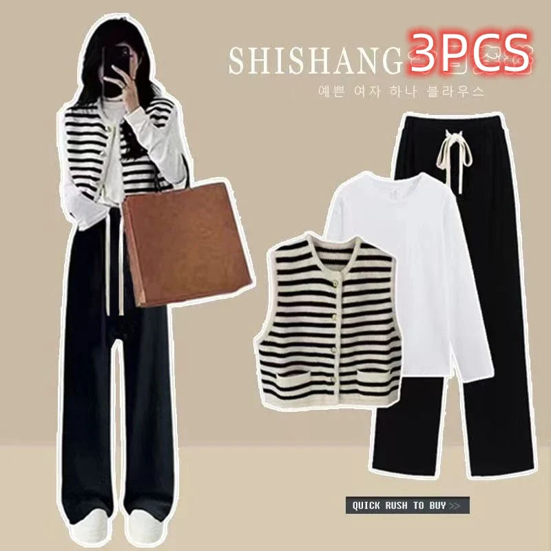 Knitwear Two Piece Set Women's Sweater Cardigan Vest Long Sleeve Blouse and Pants Ensemble