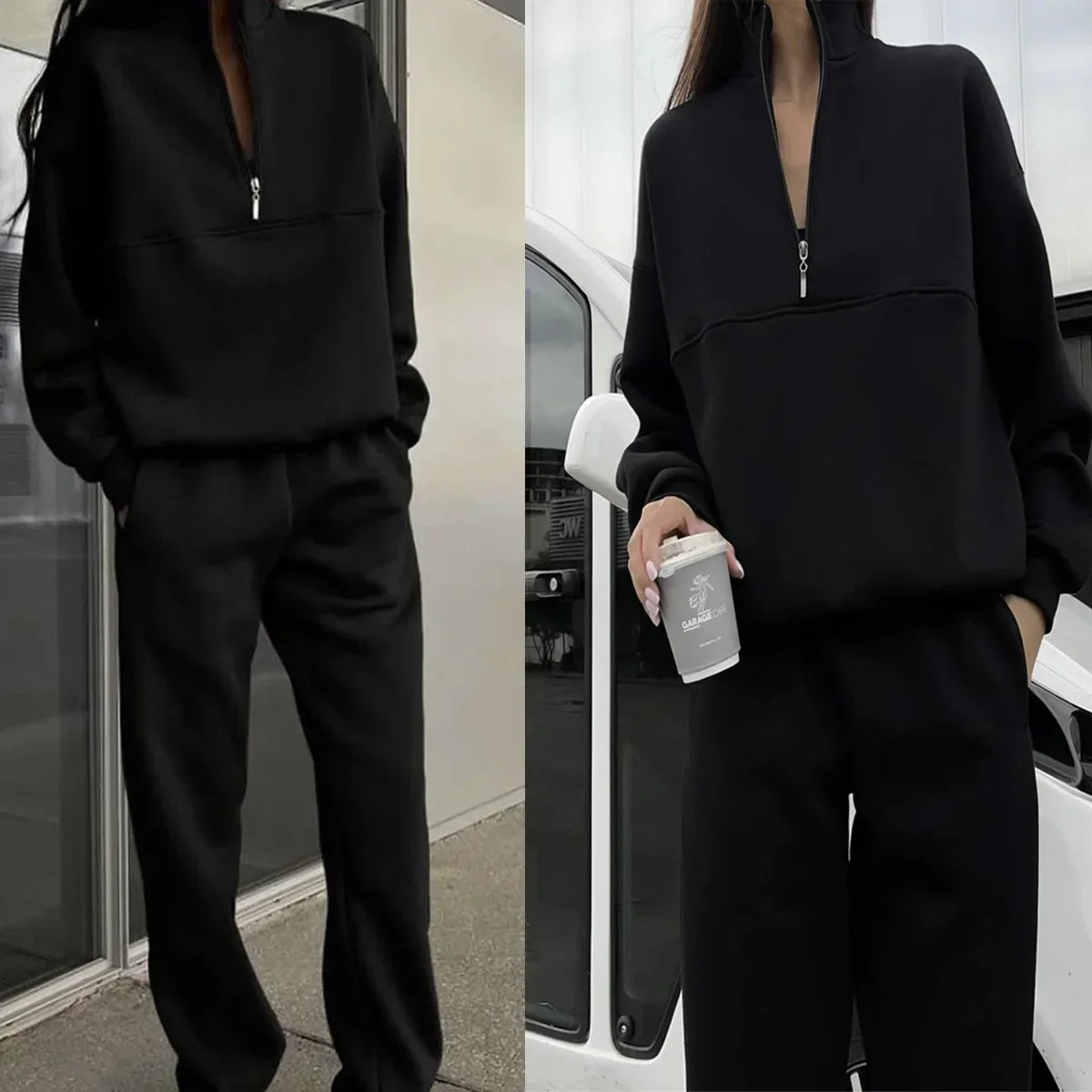 Cozy Casual Long Sleeve Fleece Sweatshirt and Trousers Two Piece Set for Women Warm Autumn Tracksuit with Hoodie