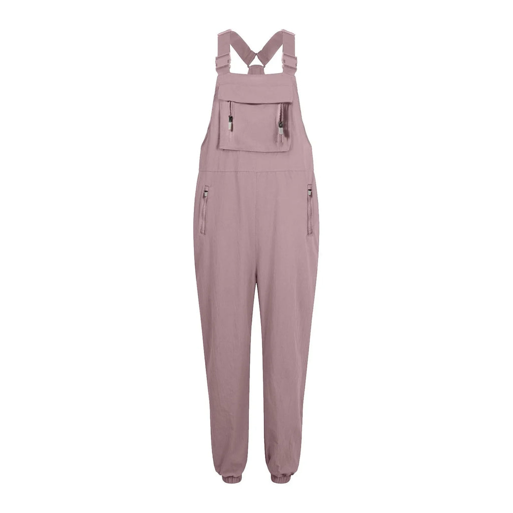Women's Summer Casual Loose Wide Leg Jumpsuit with Adjustable Straps Pockets and Retro Button Detail Solid Color Sleeveless Overalls