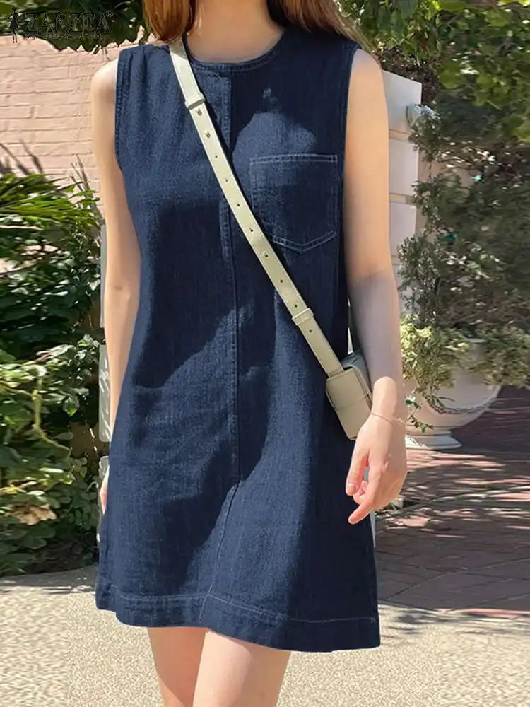 Denim Midi Dress for Women Sleeveless O Neck Blue Casual