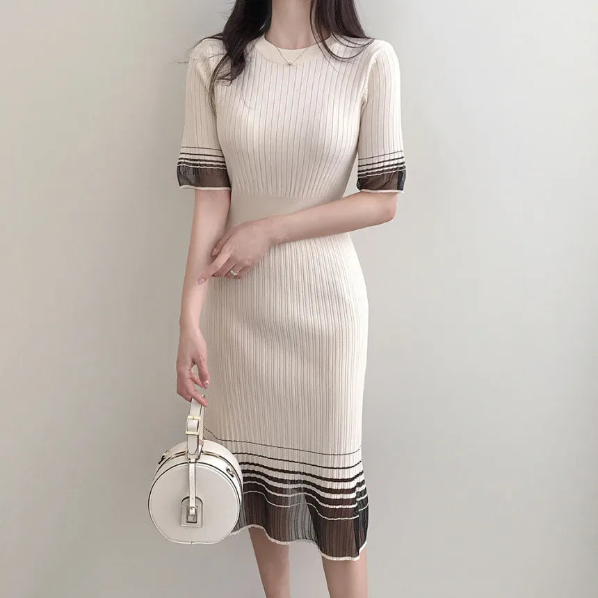 Summer Mesh Patchwork Midi Dress for Women O Neckline