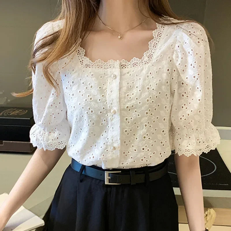 Elegant White Lace Blouse for Women Short Sleeve Square Collar Hollow Out Summer Shirt Chic and Breathable Feminine Top