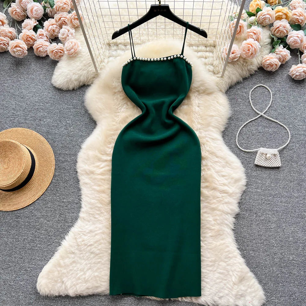 Pearl Design Knitted Bodycon Dress For Party And Streetwear