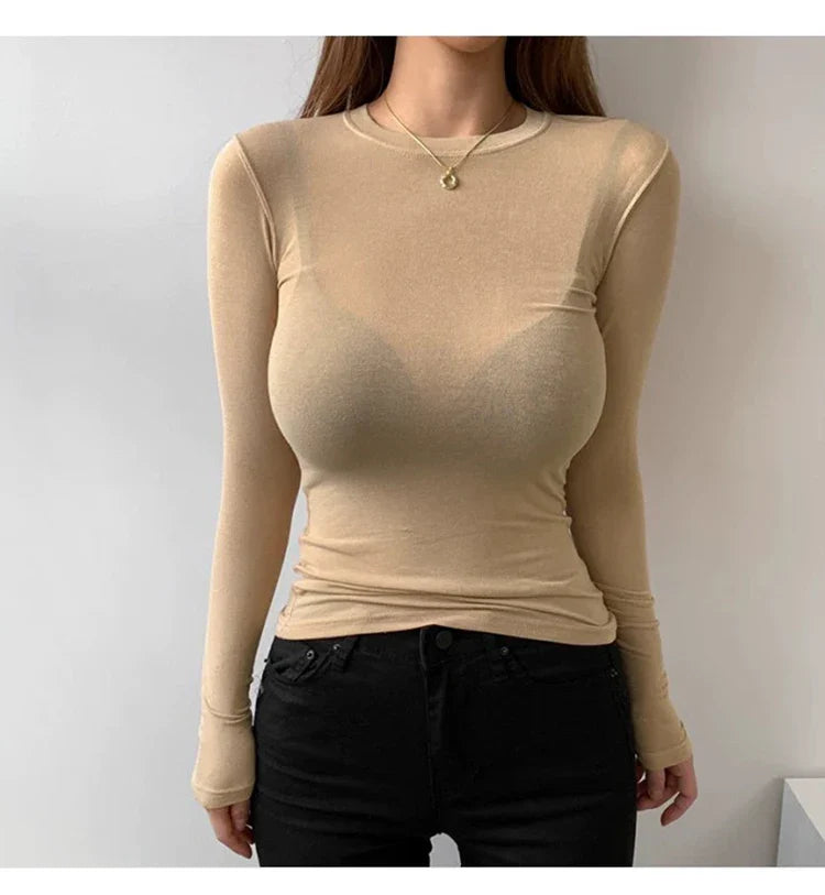 Korean Style Slim Fit Cotton Long Sleeve T Shirt for Women Soft Transparent Summer Tee