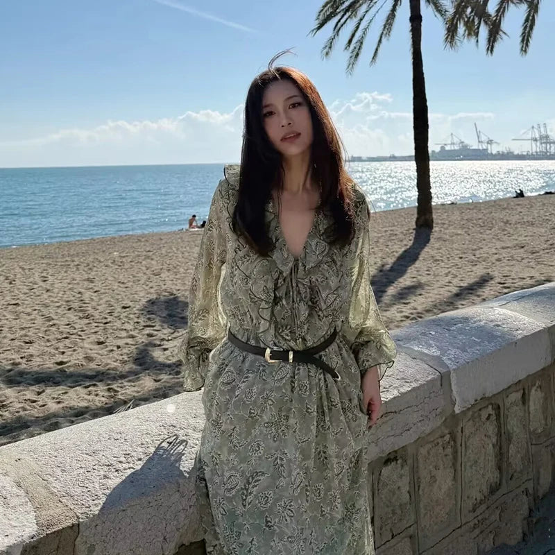 Chiffon Print V Neck Dress For Women Elegant Long Evening