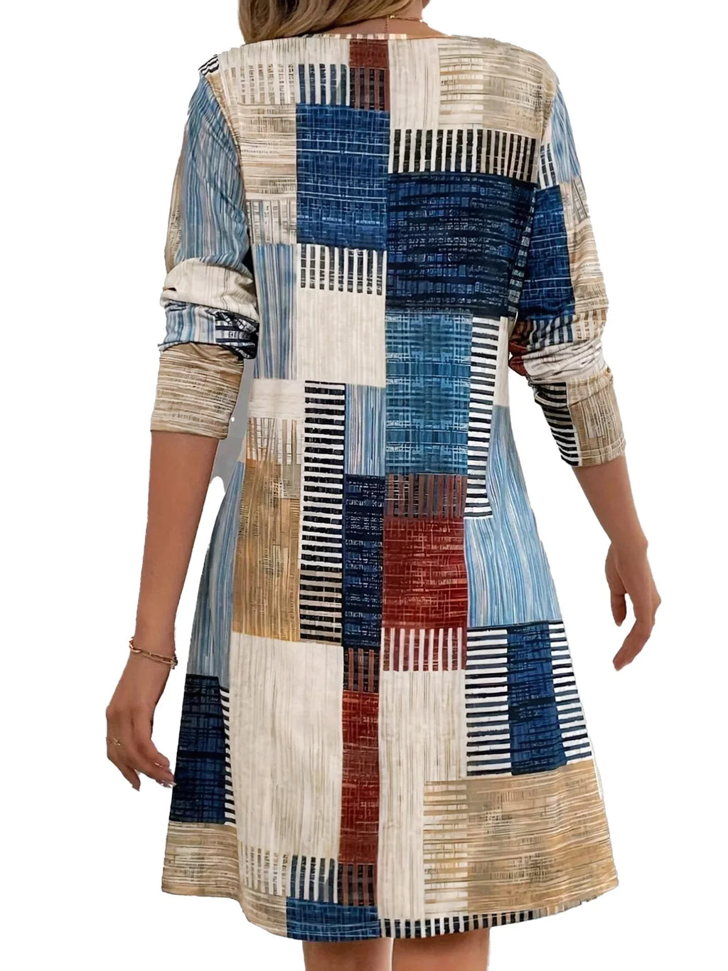 Womens Geometric Plaid Print Dress With V Neck Long Sleeves