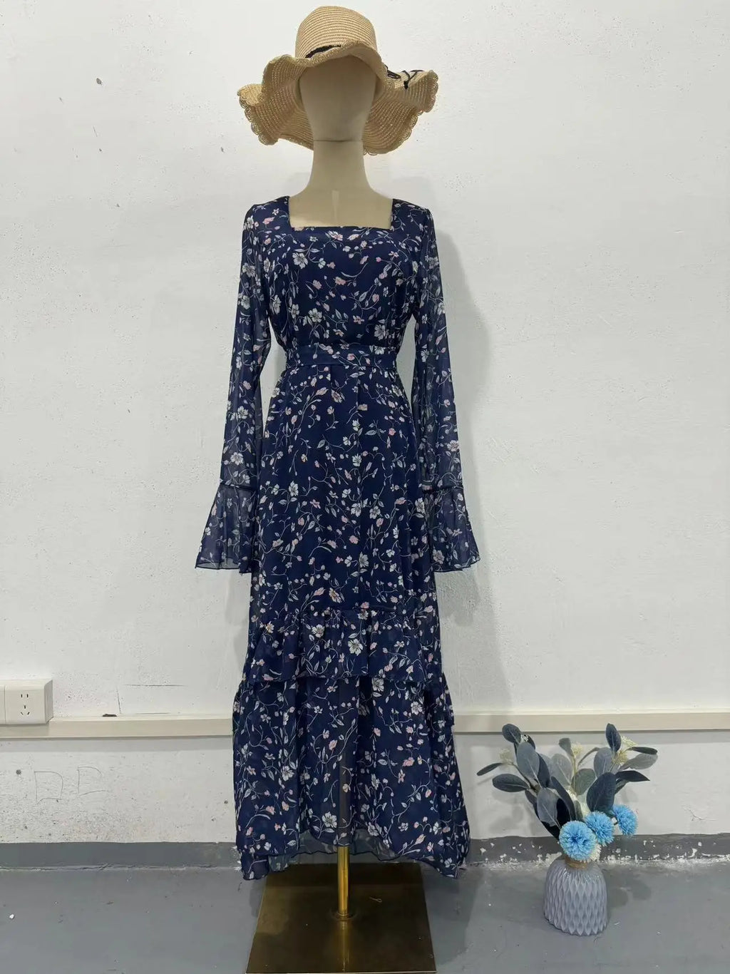 Elegant Printed Chiffon Maxi Dress With Lotus Sleeve Details