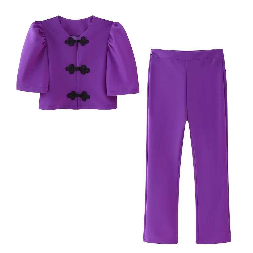Women's Summer 2-Piece Set Solid Color Puff Sleeve Shirt and Zipper Mid-Rise Street Pants
