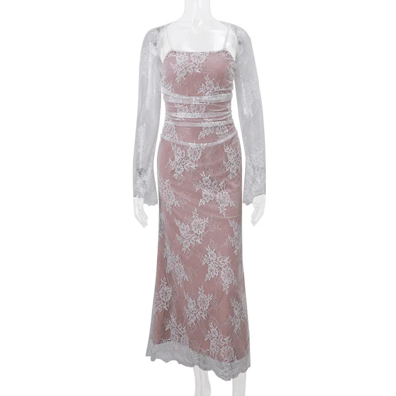 Lace Side Square Neck Dress for Elegant Evening Party