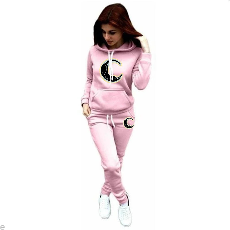 Women's Celestial Cat Print Sweatshirt Hoodie and Pants Casual Sportswear Two Piece Set