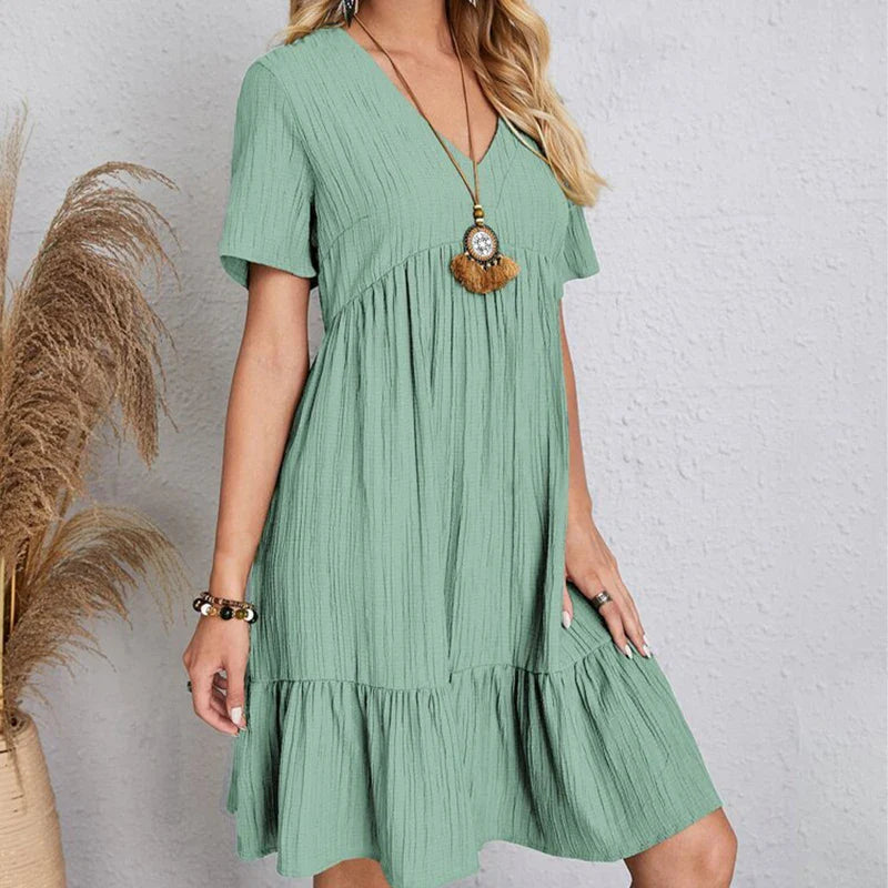 Boho Mini Dress Women V Neck Ruffles A Line Beach Dress