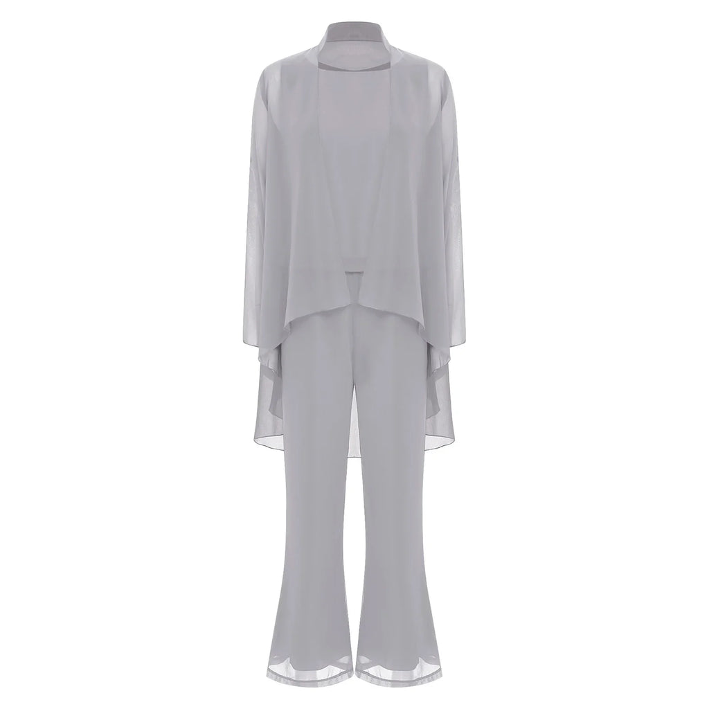 Womens Summer Chiffon 3 Piece Outfit Set with Tank Top Cardigan and Pants for Formal Events